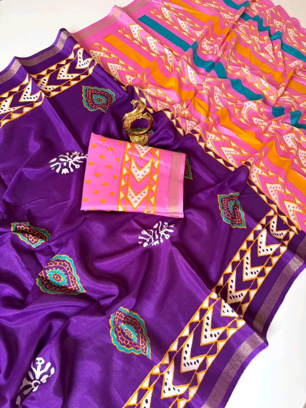 Purple Art Silk Saree with Geometric Print Pallu and Blouse