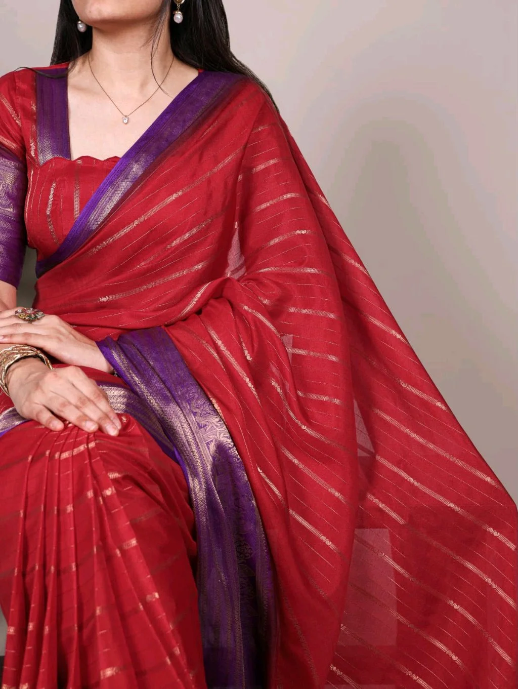Red Crepe Silk  Saree with Purple Zari Border 6