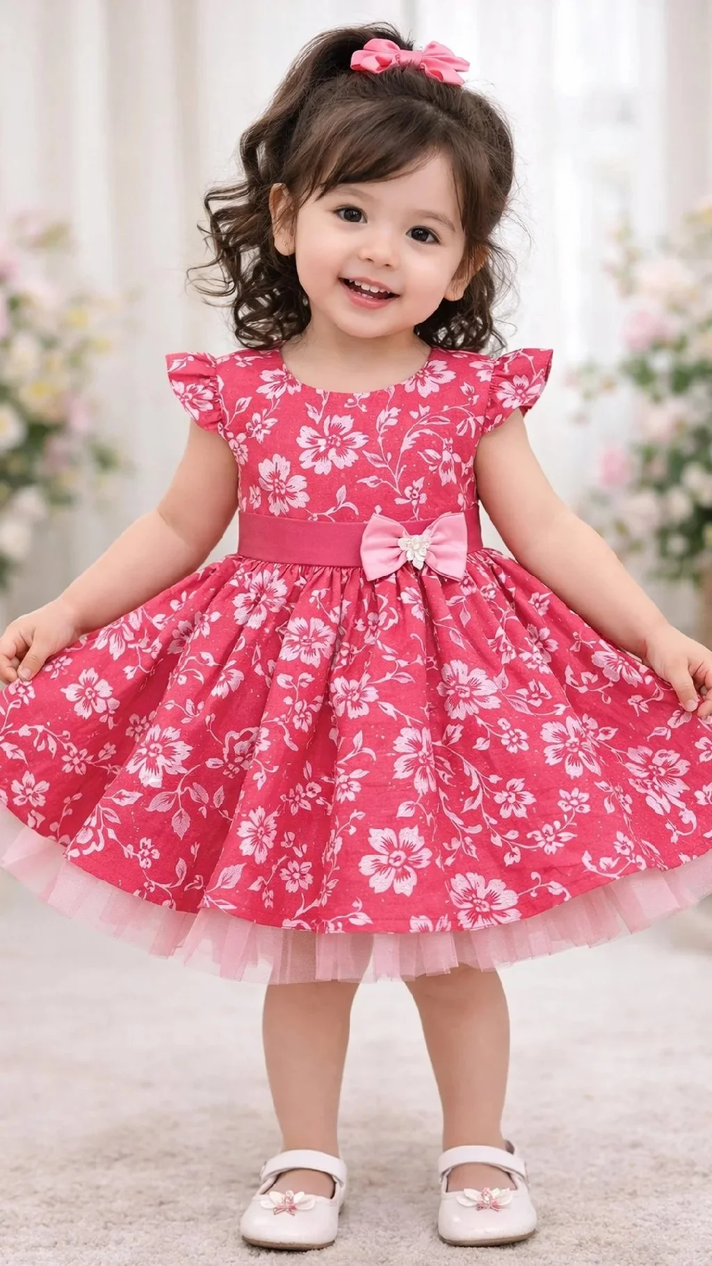 Pink Floral Ruffled Party Frock for Girls