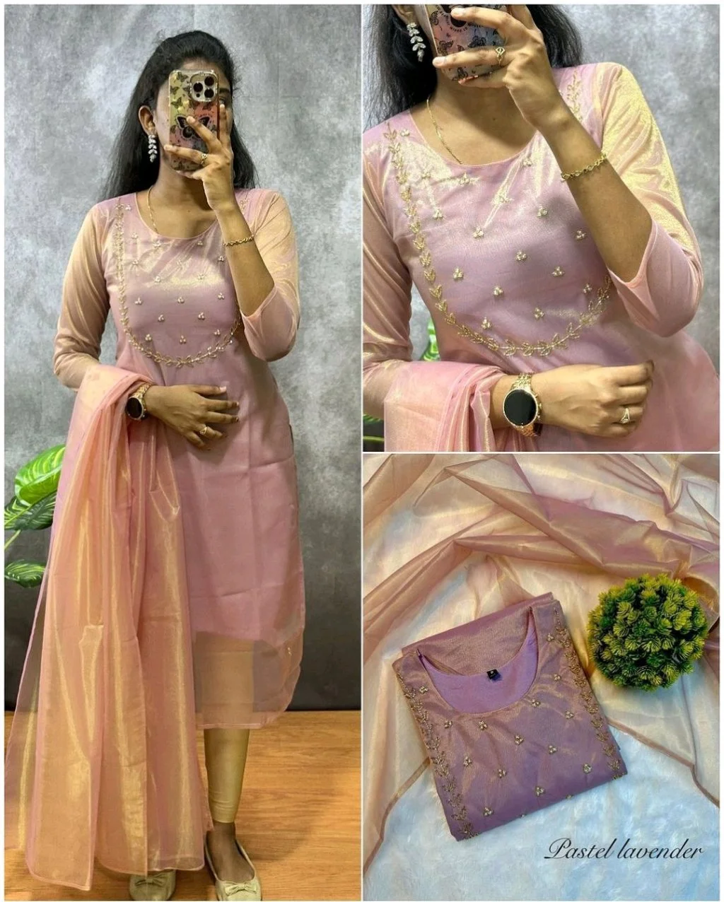 Rani Pink Embroidered Organza Kurti Set with Dupatta 5