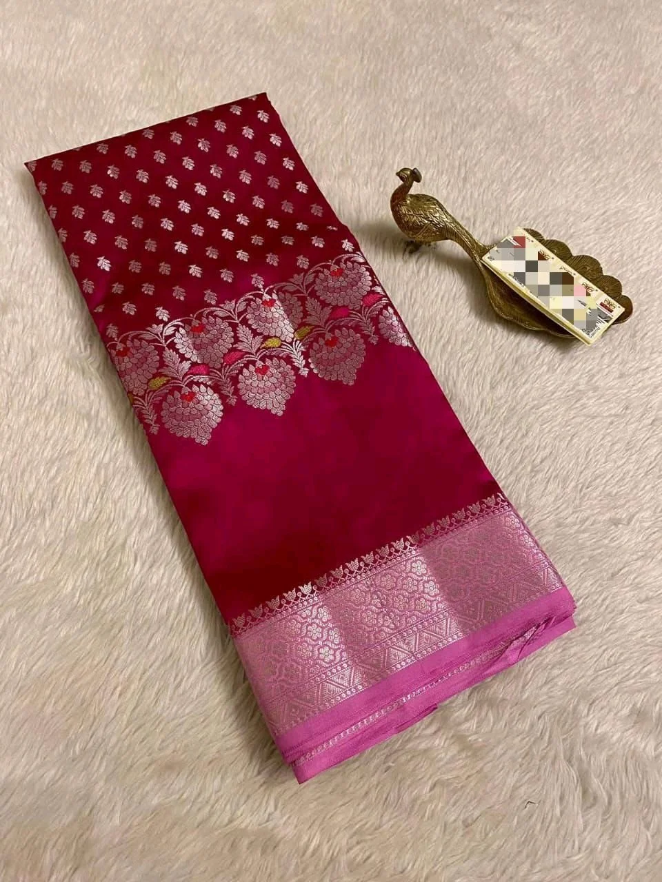 Banarasi Katan Silk Blend Saree with Floral Silver Zari Weave 6