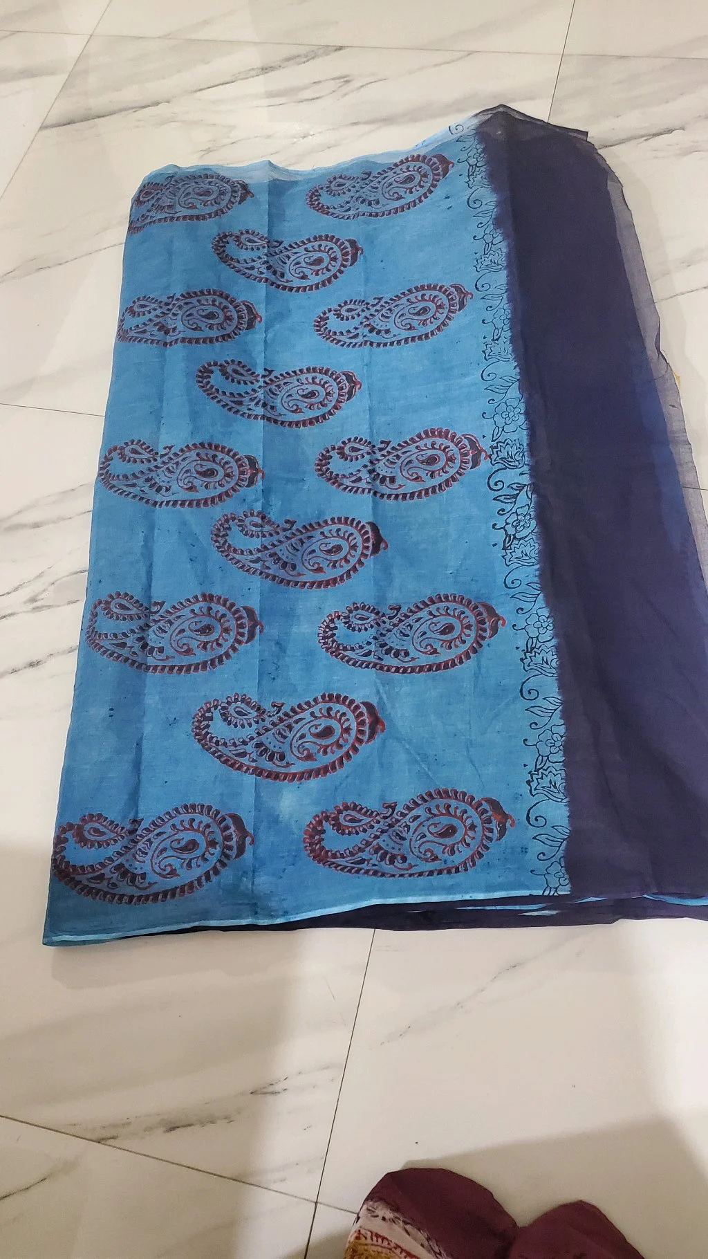 Navy Blue Organdi Saree with Gold Floral Motifs and CoperSalphteBlue Border thumbnail 5
