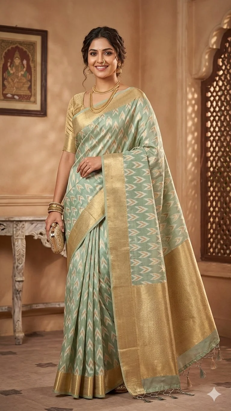 Mint Green Pochampally Ikkath Cotton  Saree with Gold Zari Border, Which Is Very Comfortable And Light Weight Sarees 1