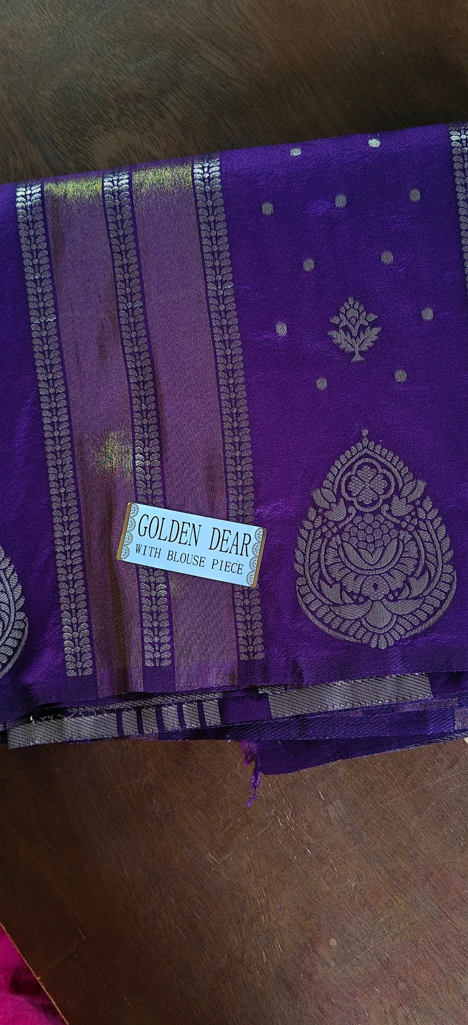 Golden Dear Purple Saree with Zari Motifs and Blouse Piece 4