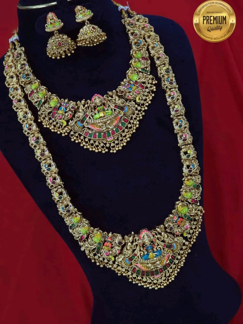 Gold Plated Colorful Meenakari Temple Long and Short Haram Set with Earrings 2