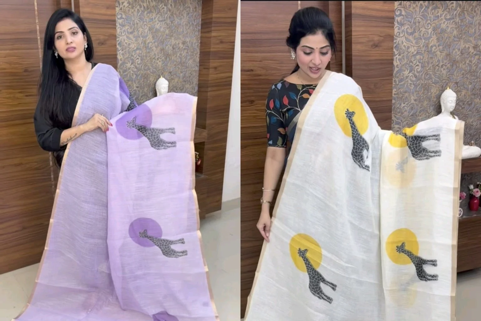 Premium Plain Lenin Cotton Saree with Giraffe Print and Striped Blouse thumbnail 5