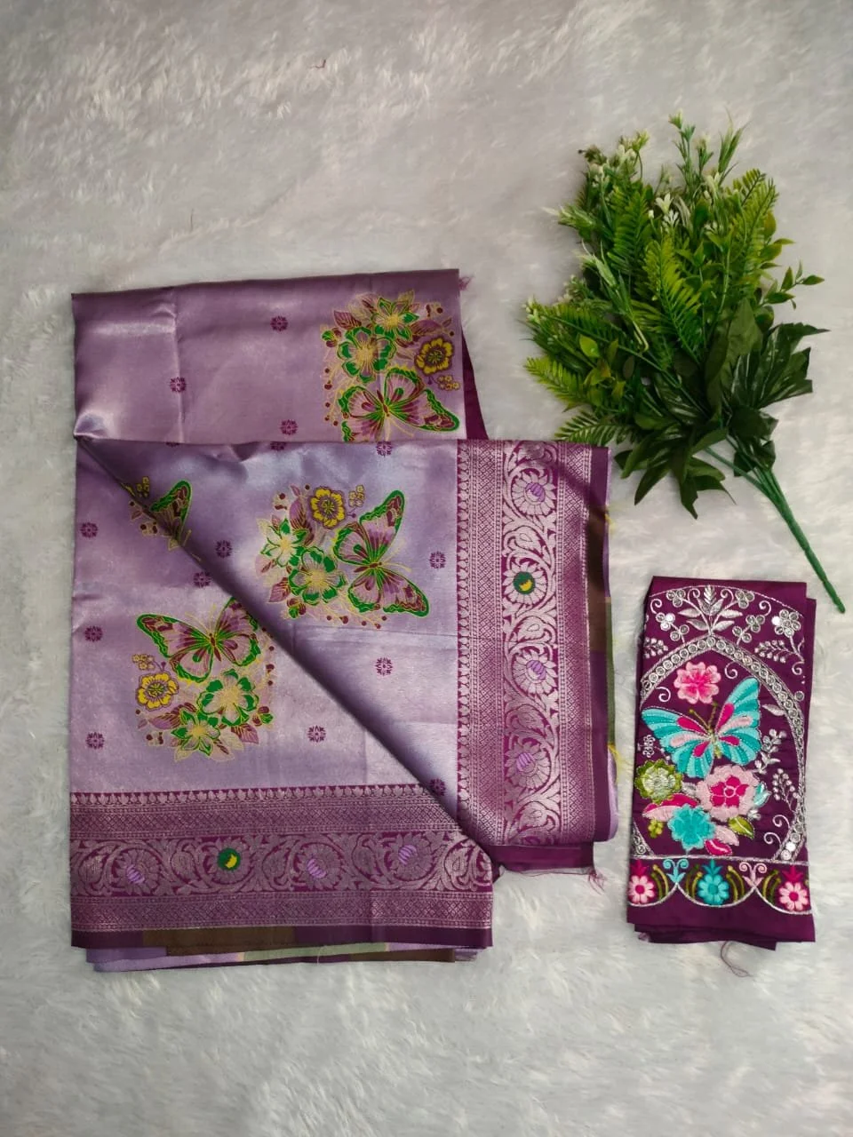 Lavender Silk Saree with Butterfly and Floral Embroidery