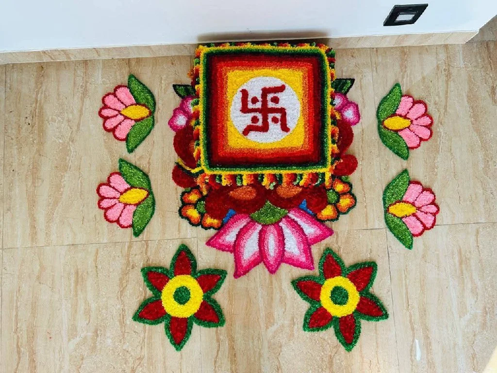 Reusable Wool Rangoli Mat with Peacock and Lotus Design 2