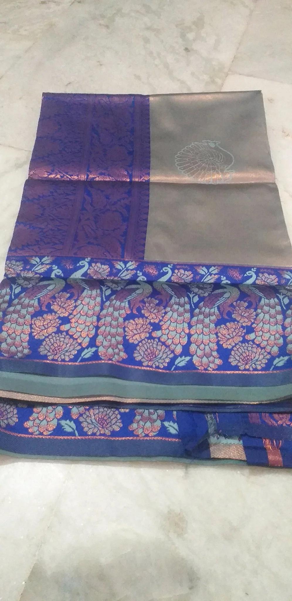 Grey and Blue Silk Saree with Peacock Zari Palluand blue color buta blouse thumbnail 2