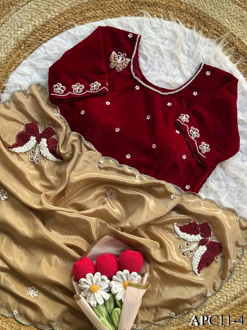 Maroon Velvet Saree with Beige Bottom and Floral Embroidery 4