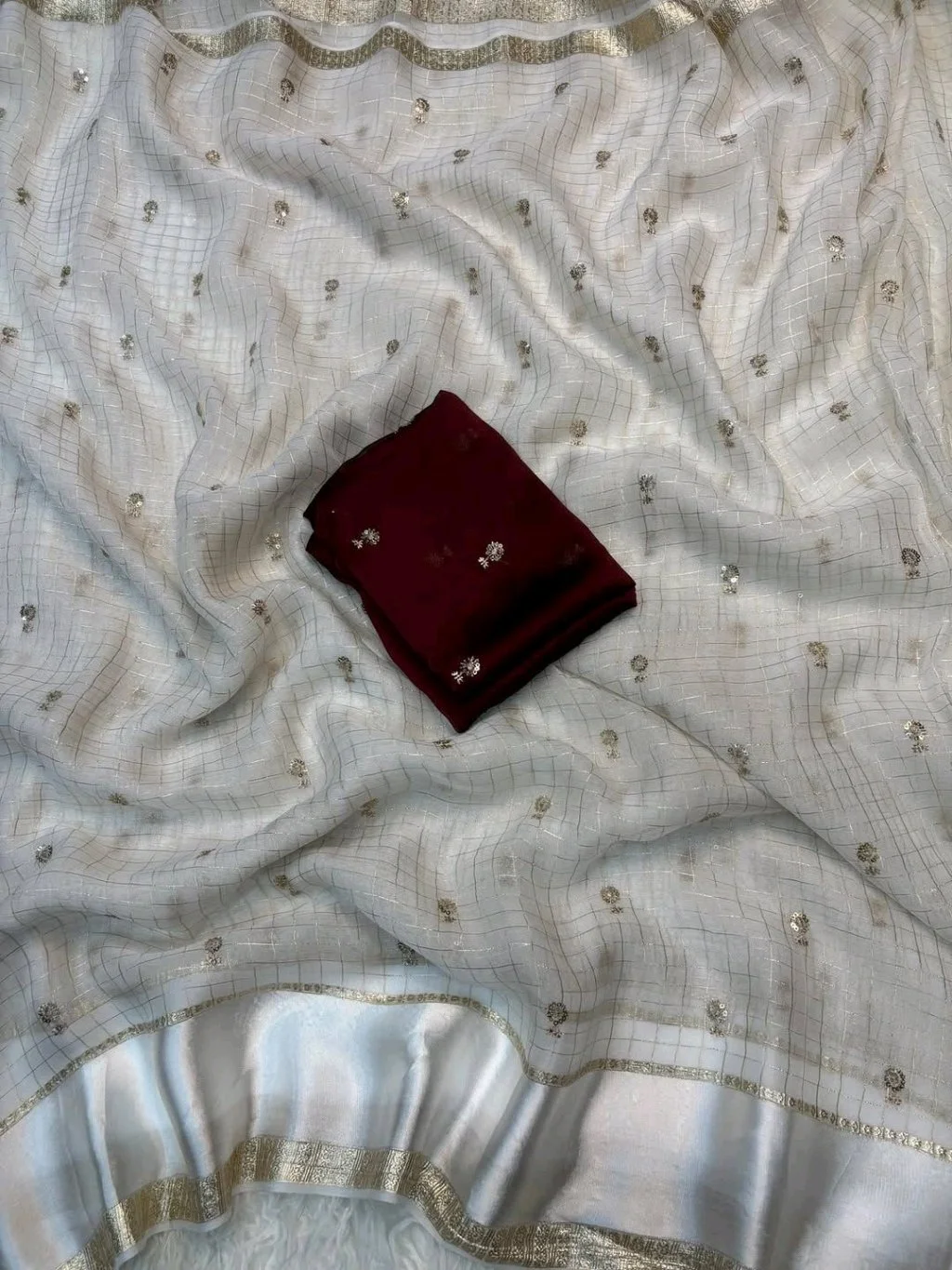 White Organza Saree with Silver Zari Checks and Maroon Blouse 2