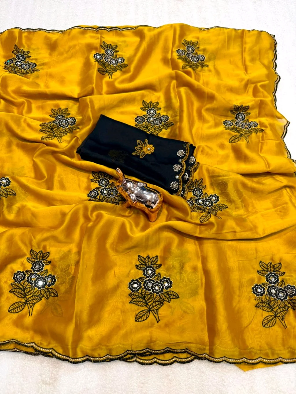 Rangoli Silk Saree with Black Floral Embroidery and Designer Blouse thumbnail 10
