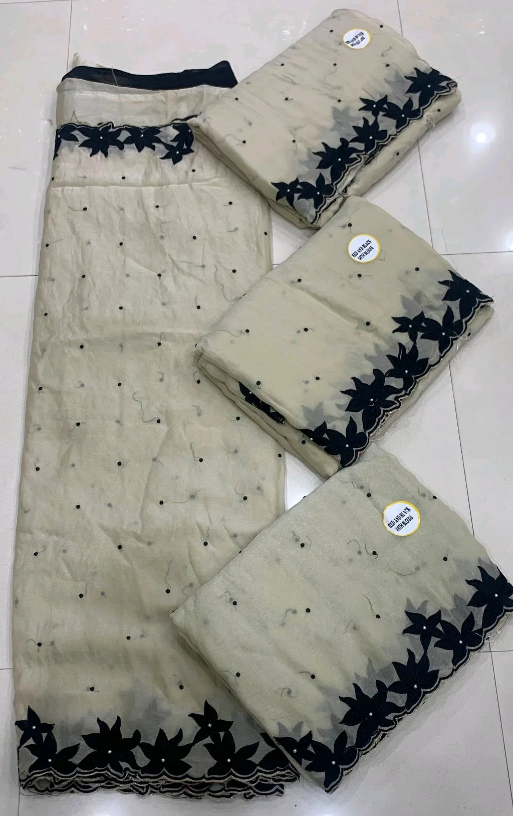 Cream and Black Floral Embroidered Saree Material