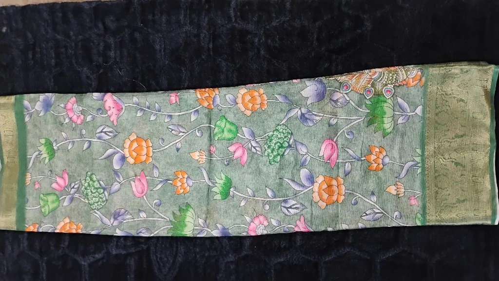 Sage Green Floral Print Saree with Zari Border thumbnail 2