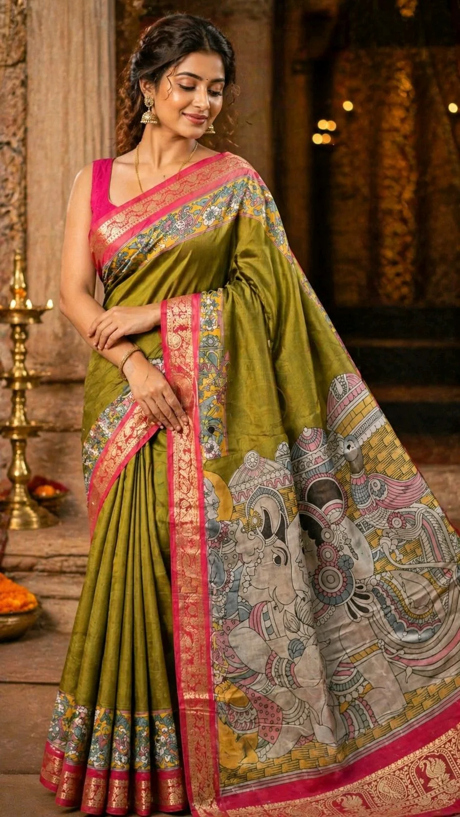 Mangalagiri Kalamkari Olive Green Saree 1