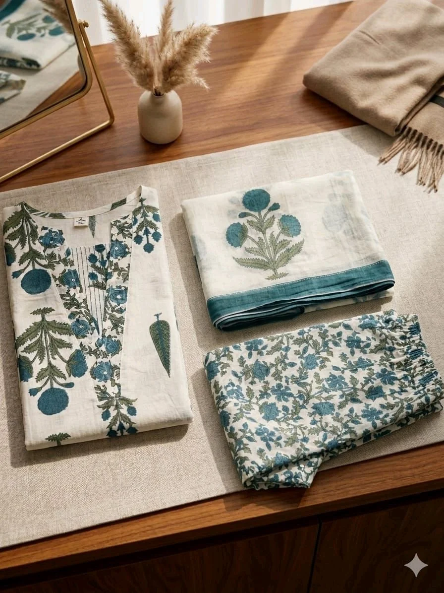 3-piece Floral Block Print Cotton Fabric Bundle Set thumbnail 2