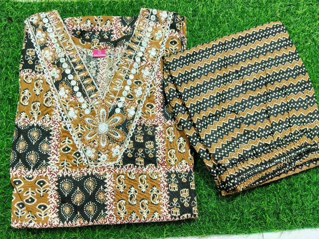 Brown Block Print Cotton Suit Set with Mirror Work 1