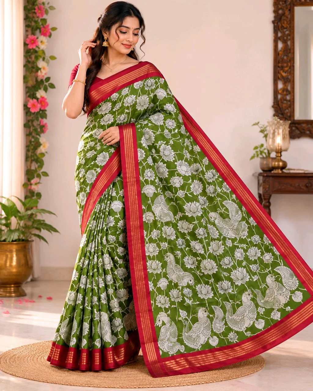 Maheshwari Silk Sarees,Green Kalamkari Print Saree with Red Border thumbnail 1