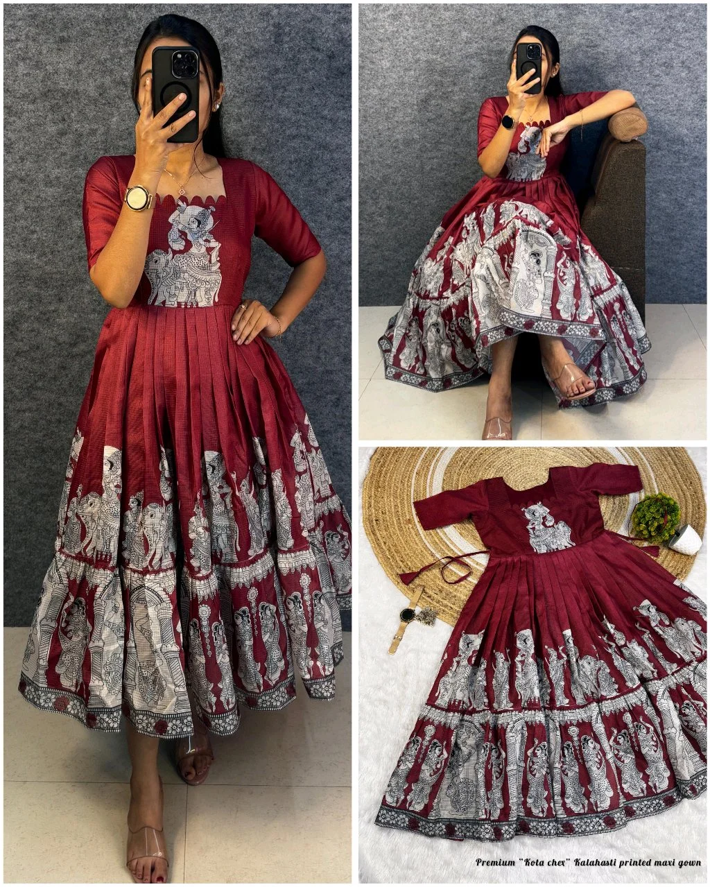 Maroon Kalamkari Print Flared Midi Dress thumbnail 9